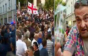 აღმაშენებელზე აქციის მონაწილეებს ბოთლები და ცოცხები დაუშინეს
