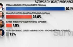 გლდანი: ლევან კობიაშვილი 52,1%, ნიკა მელია 36,6% - სარვეიშენის კვლევა